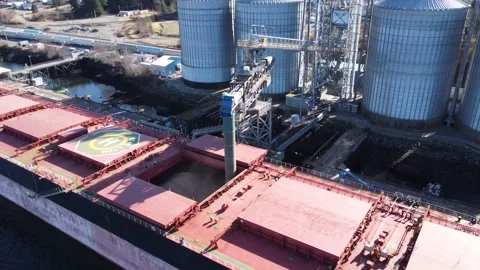 Port of Prince Rupert, loading cargo ship 4k Drone Stock Footage 172419497