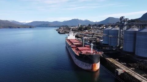 Port of Prince Rupert, loading cargo ship 4k Drone Stock Footage 172419595