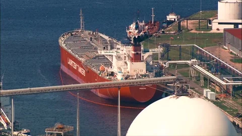 Port of Riga seen from above with various piers, terminals, railway and cargo Stock Footage 245959607
