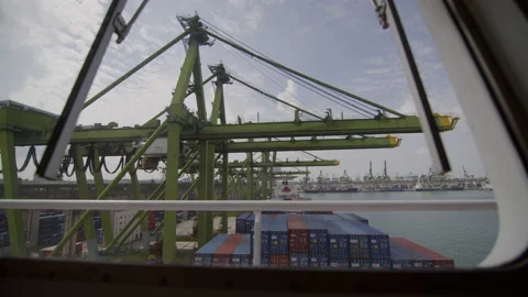 Port seen through the window of the freighter cockpit,singapore Stock Footage 135069827
