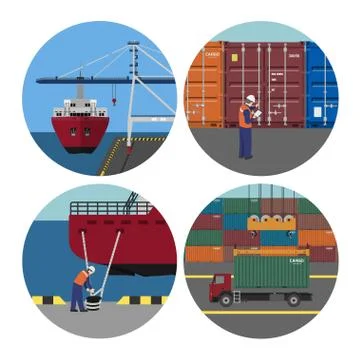 Port services. Loading containers on ships. Workers in harbor Stock Illustration