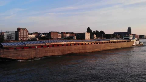 Port Side View Of Typhoon Pusher Tug Boat Navigating Oude Maas. Aerial Stock Footage 162554862