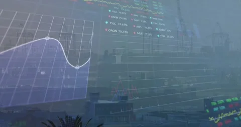 Port skyline receiving translucent 3D overlays on data feed, charts updating to Video stock 328233692