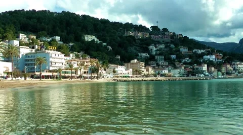 Port Soller, view onto seafront and beach Stock Footage 48762008