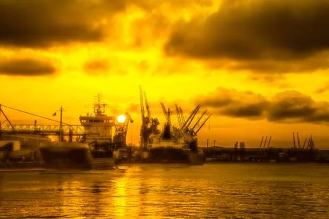 Port at sunset Stock Photos