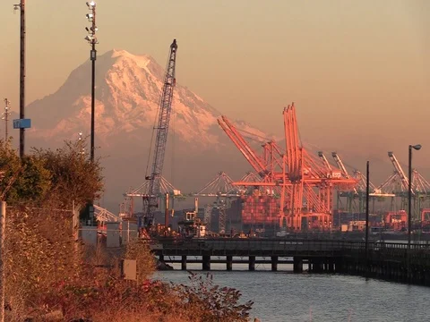 Port of Tacoma - Loading cranes and Mt. Rainier at dusk Stock Footage 80868459