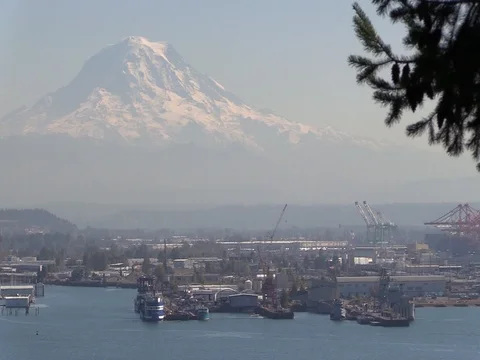 Port of Tacoma - Mt Rainier and port cranes seen from Brown's Point. Stock Footage