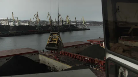 Port view from Crane operator cab. Control room with with levers, buttons on Stock Footage 205228384