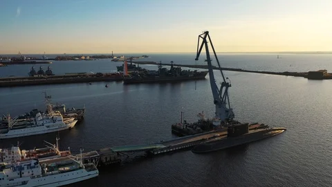 Port with warships Stock Footage 124132743