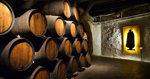 Port Wine cellar barrels at Sandeman Port wine company in Porto, Portugal, 4K Video stock 128562053