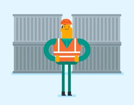 Port worker standing on cargo container background Stock Illustration