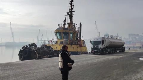 Port worker walking standing at Montevideo Port Stock Footage 340989723