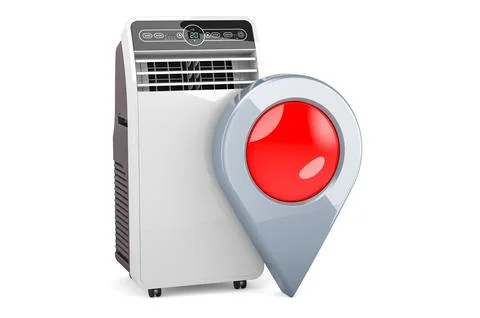 Portable air conditioner with map pointer. 3D rendering Illustrazione stock