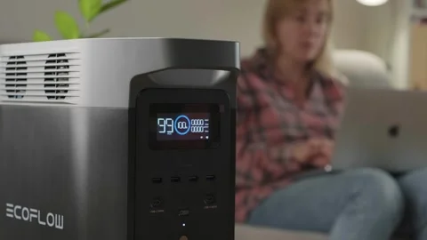 Portable battery Ecoflow as a source of electricity during blackout. Stock Footage 321829823