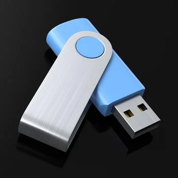 Portable blue USB flash drive stick for workspace isolated on black background Stock Illustration