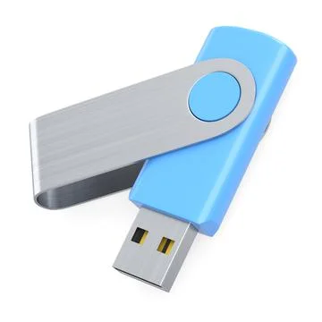 Portable blue USB flash drive stick for workspace isolated on white backgroun Foto stock