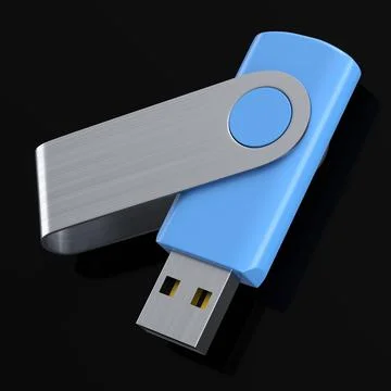Portable blue USB flash drive stick for workspace isolated on black backgroun 스톡 사진
