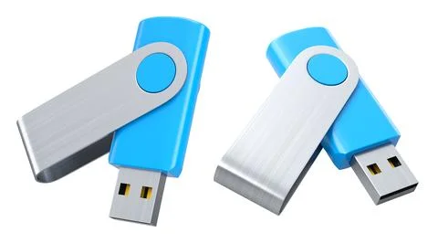 Portable blue USB flash drive stick for workspace isolated on white backgroun 스톡 사진