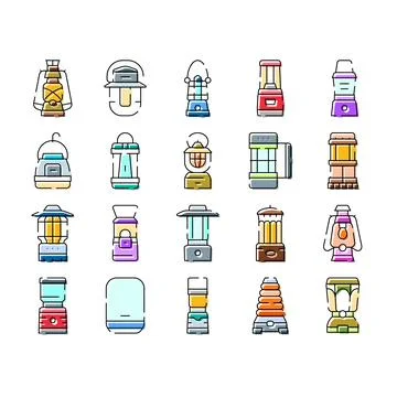 Portable camping lanterns and flashlights collection Stock Illustration
