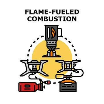 Portable camping stoves generating flame fueled combustion Stock Illustration