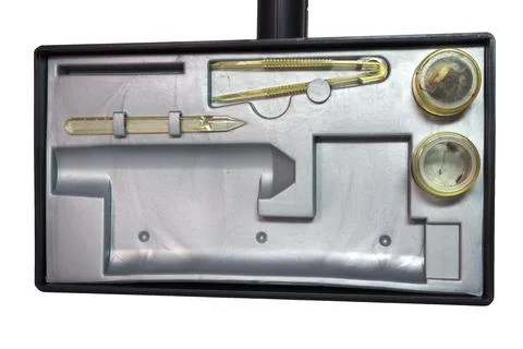 Portable case for storing microscope and accessories, such as spatula, drop.. Stock Photos