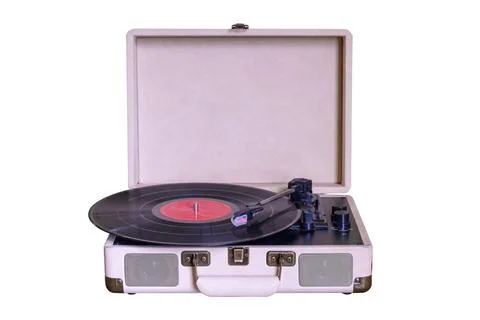 Portable compact vinyl record player isolated on white background Stock-Fotos