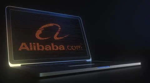 Portable computer with the logo of ALIBABA GROUP made with code strings Stock Illustration