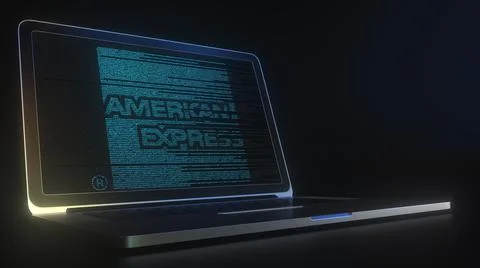 Portable computer with the logo of AMERICAN EXPRESS made with code strings 스톡 일러스트