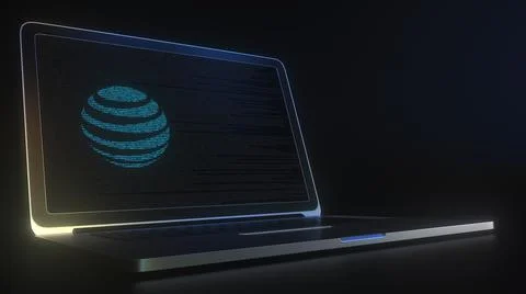 Portable computer with the logo of ATT made with code strings, editorial 스톡 일러스트
