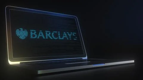 Portable computer with the logo of BARCLAYS made with code strings, editorial Stock Illustration
