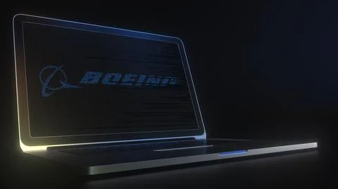 Portable computer with the logo of BOEING made with code strings, editorial 스톡 일러스트