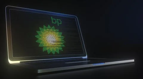 Portable computer with the logo of BP made with code strings, editorial Stock-Illustration