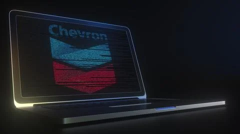 Portable computer with the logo of CHEVRON made with code strings, editorial Stock Illustration