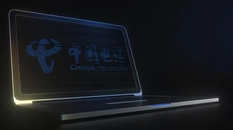 Portable computer with the logo of CHINA TELECOM made with code strings Stock-Illustration