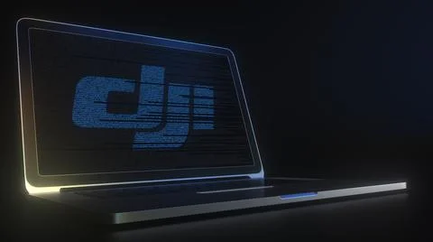 Portable computer with the logo of DJI made with code strings, editorial Stock Illustration
