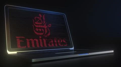 Portable computer with the logo of EMIRATES AIRLINES made with code strings Stock Illustration