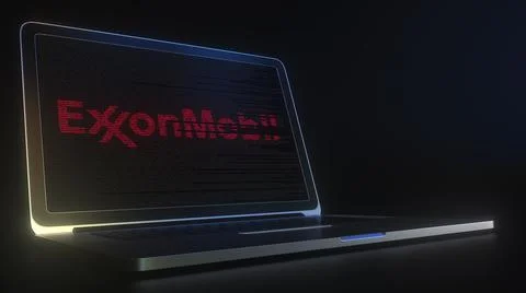 Portable computer with the logo of EXXON MOBIL made with code strings, editorial Stock-Illustration