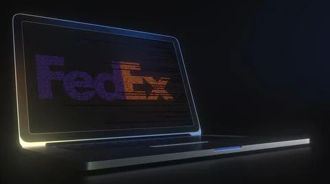 Portable computer with the logo of FEDEX made with code strings, editorial Stock-Illustration