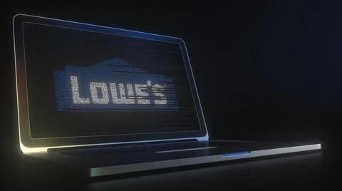 Portable computer with the logo of LOWES made with code strings, editorial Stock Illustration