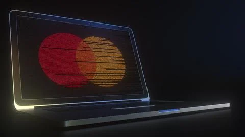 Portable computer with the logo of MASTERCARD made with code strings, editorial 库存插图