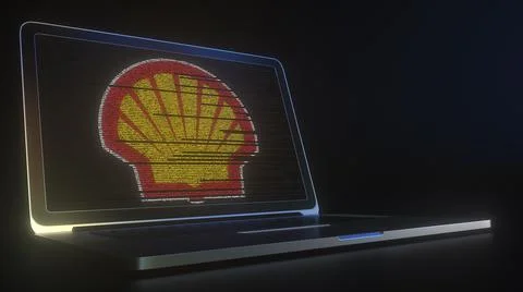 Portable computer with the logo of SHELL made with code strings, editorial Stock Illustration