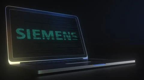 Portable computer with the logo of SIEMENS made with code strings, editorial Illustrazione stock