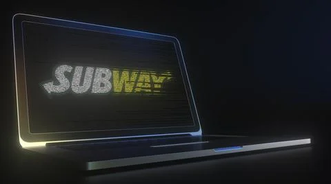 Portable computer with the logo of SUBWAY made with code strings, editorial Stock Illustration