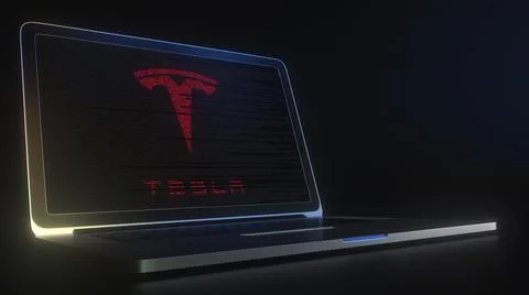 Portable computer with the logo of TESLA made with code strings, editorial Stock Illustration