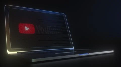 Portable computer with the logo of YOUTUBE made with code strings, editorial Stock Illustration
