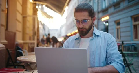 Portable computer, research, design. Freelancer, male business at work using Stock Footage 255308779