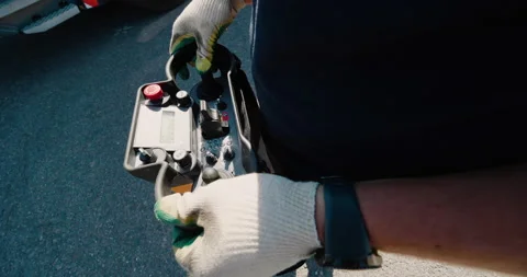 Portable control station in the hands of a construction crane operator. Stock Footage 147405313