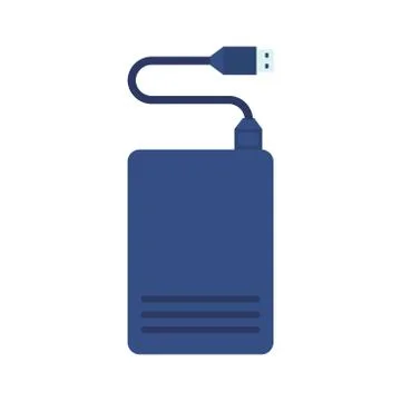 Portable disk drive on white background. Hard disk with USB cable. Vector Stock Illustration