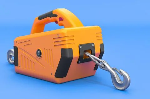 Portable Electric Winch on blue backdrop, 3D rendering Stock-Illustration