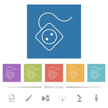 Portable electrical outlet with one socket and cord outline flat white icons Stock Illustration